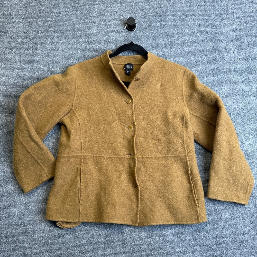 Eileen Fisher Jacket Womens L Brown‎ Boiled Wool Cashmere Collarless Button Up